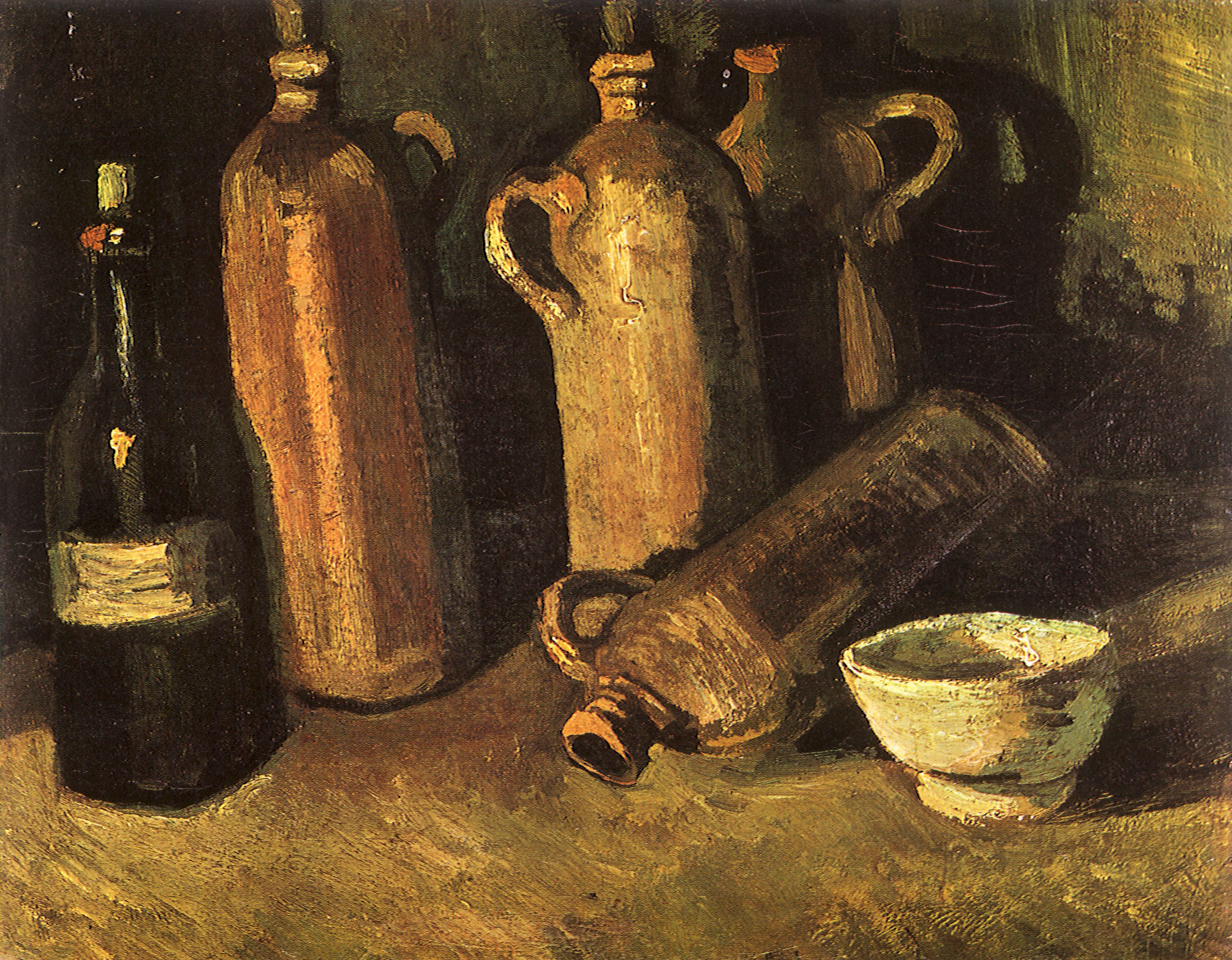 Картина Ван Гога Натюрморт с четырьмя глиняными бутылями, флягой и белой чашей 1884